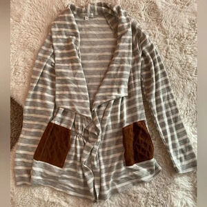 Dry Goods Cardigan Gray and White Strips front open, lightweight, pockets XS